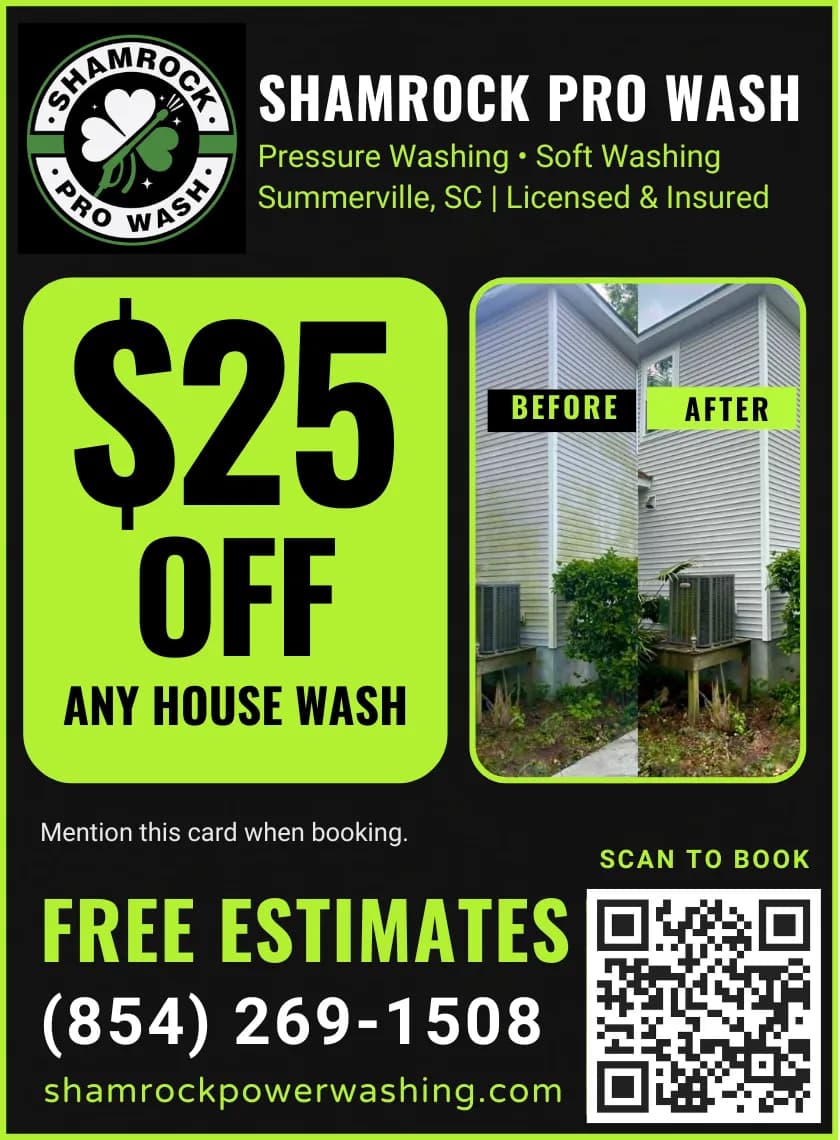 Downtown Summerville & More Spotlight Postcard, August 2026, close-up of one ad