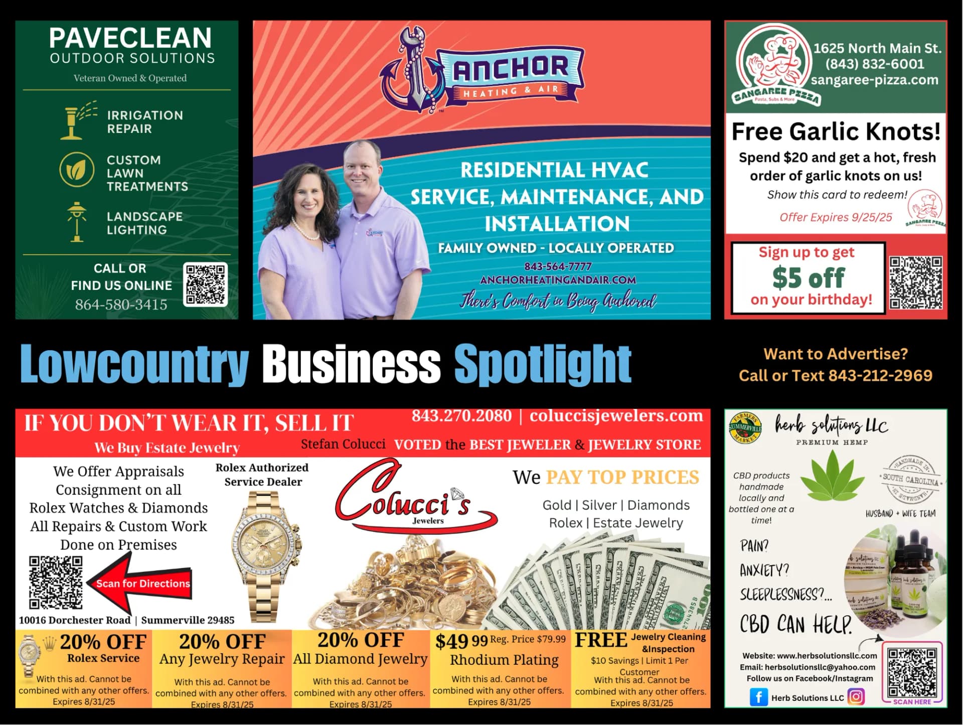 Back of a real 9x12 Spotlight Postcard showing exclusive local business ads