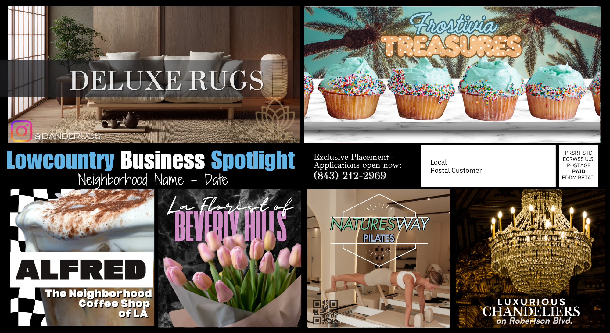 Neighborhood community card front example with sample business ads