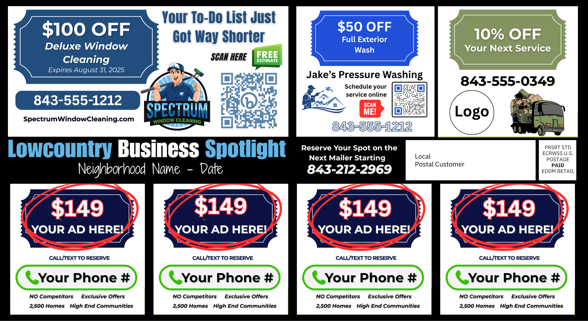 Neighborhood community card front with $149 ad spot pricing examples