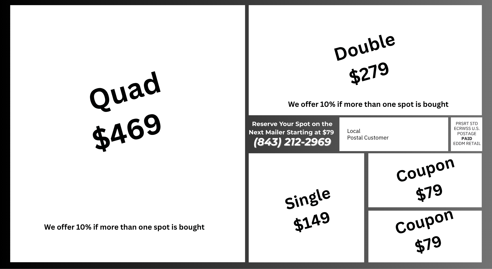 Neighborhood community card back showing spot sizes and pricing - Quad $469, Double $279, Single $149, Coupon $79